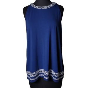 Adrianna Papell sleeveless embroidered blue white top size XL